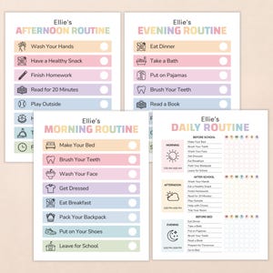 May include: Four printable routine charts for Ellie, including Morning, Afternoon, Evening, and Daily schedules. Each chart features pastel-colored rows with icons and text for tasks like Make Your Bed, Brush Your Teeth, and Read for 20 Minutes, with checkboxes for tracking progress.