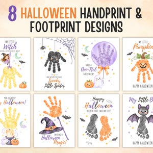 Zestaw odcisków dłoni na Halloween, 8 halloweenowych odcisków dłoni i stóp dla dzieci, do druku dla przedszkolaków, format PDF A4 i US Letter