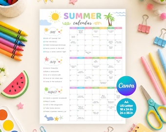 子供向け夏休みアクティビティカレンダー（印刷可能）6月7月8月夏休みスケジュール子供向け夏休みアクティビティPDF即時ダウンロード