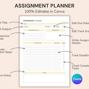 Assignment Tracker printable with due date tracker, homework organizer, and student planner for managing school assignments and projects.