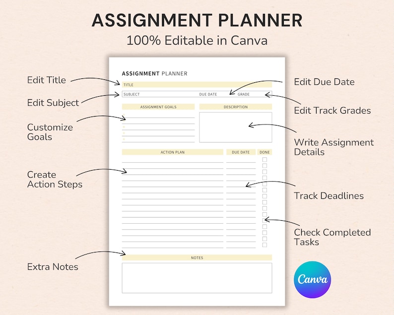 Assignment Tracker printable with due date tracker, homework organizer, and student planner for managing school assignments and projects.