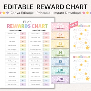 Kids Reward Chart | Reward Bucks Printable | Chore & Allowance Tracker | Positive Behavior (Canva Editable PDF)