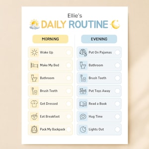 Può includere: Una tabella della routine quotidiana intitolata Ellie's Daily Routine con icone di sole e luna. La tabella è divisa in una colonna gialla per il mattino e una blu per la sera, che elenca le attività con icone e caselle di controllo circolari.