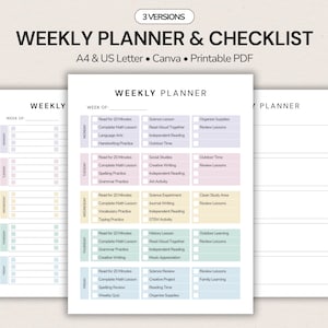 May include: A weekly planner and checklist template featuring three versions in A4 and US Letter sizes. The document includes sections for each day of the week, color-coded rows, and pre-filled educational tasks with checkboxes for tracking progress.