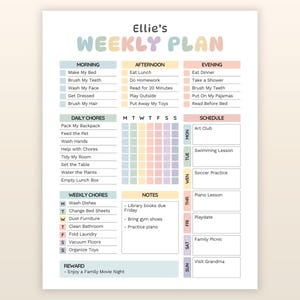 Kids Weekly Chore Chart | Daily Routine Planner | kids responsibility | Editable Canva Template | Printable PDF