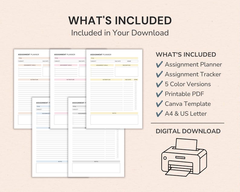 Academic Planner printable including assignment planner, homework tracker, due date tracker, and student organizer for school success.