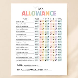Könnte beinhalten: Ein gedruckter Aufgabenplaner mit dem Titel Ellie's ALLOWANCE, der eine Liste von Tätigkeiten, Geldwerte und ein wöchentliches Raster mit Häkchen enthält. Das Dokument zeigt ein Sparziel von 25 $ und einen Gesamtverdienst von 26,50 $.