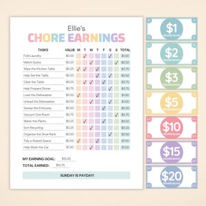 May include: A chore earnings chart titled Ellie's CHORE EARNINGS with a list of tasks, values, and a weekly tracking grid. Beside the chart are seven rectangular reward bucks in denominations of $1, $2, $3, $5, $10, $15, and $20 in pastel colours.