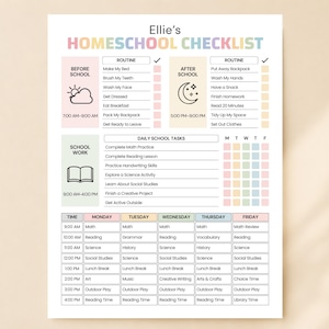 May include: A printable homeschool checklist titled Ellie's HOMESCHOOL CHECKLIST with pastel-colored sections. It includes a daily routine for before and after school, a list of daily school tasks with checkboxes, and a weekly schedule grid.