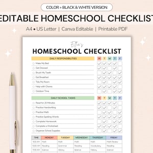 Editable Homeschool Checklist | Homework Checklist Printable |  Daily Schedule, Student Planner (Canva PDF)