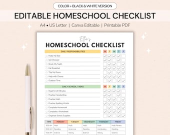 Editable Homeschool Checklist | Homework Checklist Printable |  Daily Schedule, Student Planner (Canva PDF)