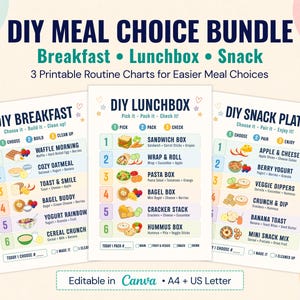 May include: A set of three printable routine charts titled DIY Meal Choice Bundle, featuring DIY Breakfast, DIY Lunchbox, and DIY Snack Plate. Each chart lists six numbered meal options with colourful food illustrations and checkboxes for daily tasks.