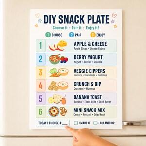 以下が含まれることがあります： 白い背景の長方形のDIY snack plateチャート。イラストとテキスト付きの6つの番号付きスナックオプションが記載されています。チャートにはChoose it、Pair it、Enjoy itといった見出しと、下部にToday I Choose #と書かれたセクションが含まれています。