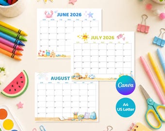 子供向け夏休みカレンダー（印刷可能）6月7月8月版 子供向け夏休みスケジュール 夏休みアクティビティプランナー 即時ダウンロード