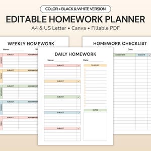 Puede incluir: Un conjunto de planificadores de tareas editables con tres diseños de página distintos titulados Weekly Homework, Daily Homework y Homework Checklist. Los documentos incluyen secciones para nombres, fechas, materias, tareas y notas con detalles en colores pastel.
