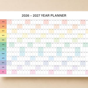 Könnte beinhalten: Ein 2026-2027 Jahresplaner-Wandkalender mit einem Rasterlayout, bei dem die Monate vertikal in einem Regenbogen-Farbverlauf aufgelistet sind. Jede Monatszeile enthält tägliche Spalten mit abgekürzten Wochentagen und Daten in einem klaren, weißen Format.