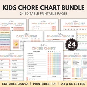 Pacchetto modificabile di attività domestiche per bambini / Routine quotidiana, tabella del comportamento / Monitoraggio di premi, paghetta e tempo davanti allo schermo / PDF stampabile, modello Canva