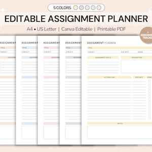 Editable Assignment Planner & Tracker | Printable Student Homework Planner: Canva, A4, US Letter (Digital Download)