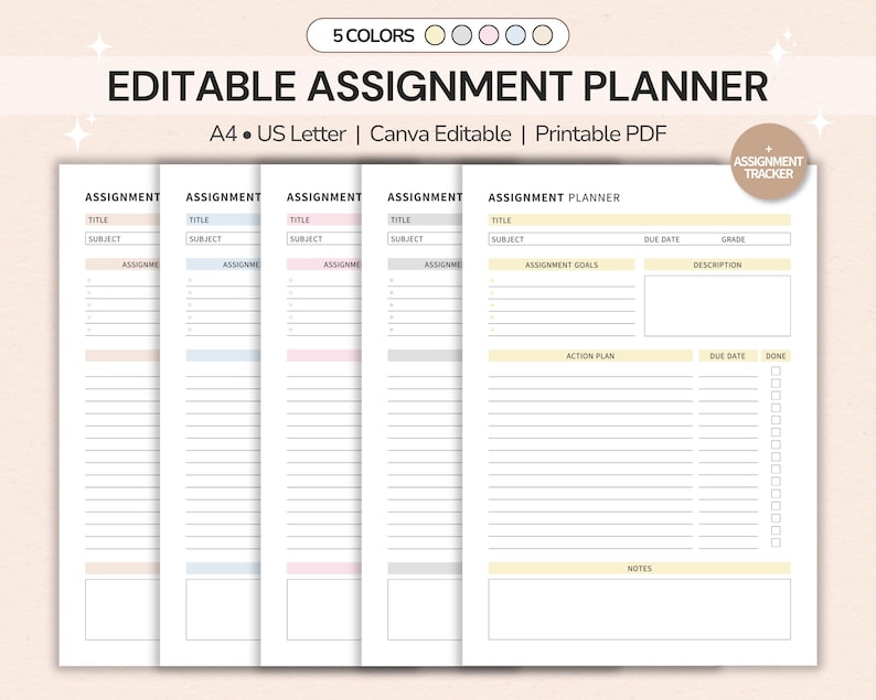 Editable Assignment Planner printable with assignment tracker, homework planner, and due date organizer for middle school, high school, and college students.
