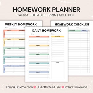Bewerkbare huiswerkplanner (printbaar): Takenoverzicht voor leerlingen | Dagelijkse en wekelijkse schoolchecklist | Studiegewoonten (Canva PDF)