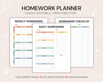 Editable Homework Planner Printable: Student Assignment Tracker | Daily + Weekly School Checklist | Study Habits (Canva PDF)