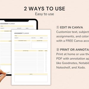 Canva Editable Student Planner featuring assignment planner, homework organizer, study planner, and printable PDF in multiple colors.