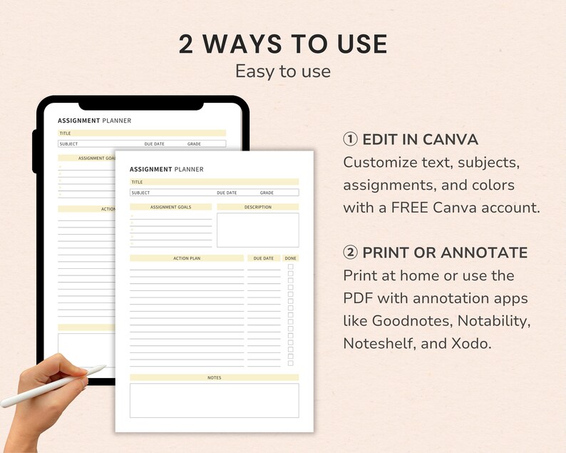 Canva Editable Student Planner featuring assignment planner, homework organizer, study planner, and printable PDF in multiple colors.