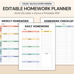Editable Homework Planner Printable: Student Assignment Tracker | Daily + Weekly School Checklist | Study Habits (Canva PDF)