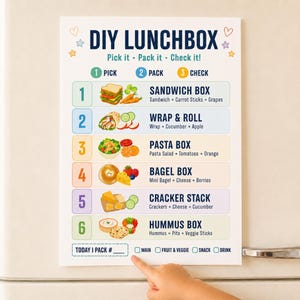 Könnte beinhalten: Eine weiße, rechteckige DIY LUNCHBOX-Tabelle mit farbigen Überschriften und nummerierten Zeilen von eins bis sechs. Jede Zeile enthält Abbildungen von Lebensmitteln und Textbeschriftungen für Mahlzeitenkombinationen wie Sandwich, Wrap, Pasta, Bagel, Cracker und Hummus-Boxen.