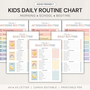 Peut inclure: Une collection de tableaux de routine quotidienne imprimables pour enfants avec des sections aux couleurs pastel pour le matin, l'après-midi et le soir. Les tableaux incluent des textes comme ADHD Friendly, Kids Daily Routine Chart et Charlie's Daily Routine.