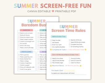 夏のスクリーンタイムルール、退屈解消グッズセット（編集可能なCanva PDF）