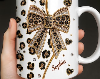 Personalized Name Coffee Mug, Leopard Bow Rhinestone Heart Design, Custom Gift for Her