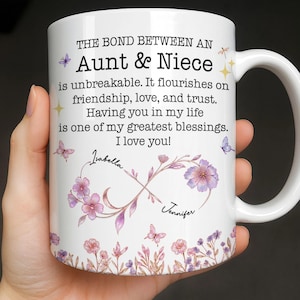 May include: A white ceramic mug featuring the text THE BOND BETWEEN AN Aunt & Niece is unbreakable. It flourishes on friendship, love, and trust. Having you in my life is one of my greatest blessings. I love you! with floral infinity and butterflies.