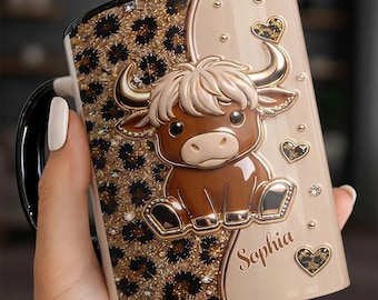 Personalized Highland Cute Cow Ceramic Coffee Mug,15 Oz Custom Farm Animal Name Gift For Cow Lover