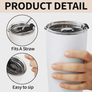 May include: White insulated tumbler with a black lid, held by a hand. The image includes close-ups showing the lid design, with text that reads "PRODUCT DETAIL", "Fits A Straw", and "Easy to sip".