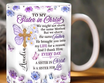 Personalized Sister In Christ Mug, Custom Cross Butterfly Religious Coffee Cup
