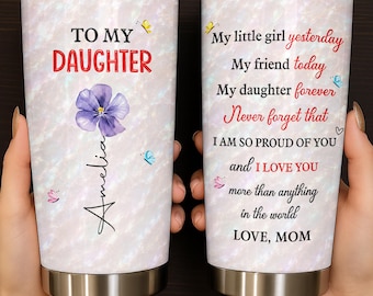 Personalized Mom To Daughter Tumbler 20oz, Custom Purple Flower Butterfly Gift