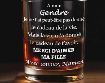 Personalized À Mon Gendre Whiskey Glass ,11oz Rocks Tumbler ,Gift for Son-in-Law from Mom ,Birthday Father's Day Christmas anniversary Gift