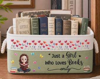 Personalized Bookish Birth Flower Storage Basket, Custom Name Bookworm Reading Nook Library Decor Gift