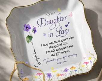 Personalized Daughter in Law Wild flower Jewelry Dish, Wedding Birthday Gift From Mother In Law, Ceramic Trinket Tray Ring Holder Plate Est