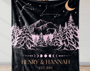 Personalized Anniversary Blanket, Custom Couple Name Est Date, Starry Mountain Night Throw