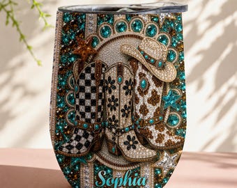 Personalized Cowgirl Boots Tumbler, Western Bling Wine Tumbler, Custom Name Gift for Cowgirl