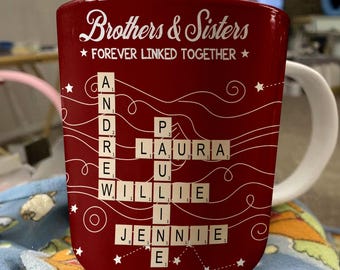 Personalized Scrabble Sibling Mug, Custom Brothers Sisters Linked Together Gift