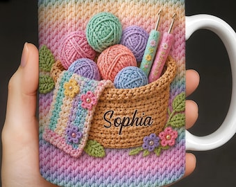 Personalized Crochet Yarn Basket Mug, Crochet Lover Gift For Knitters And Crafters
