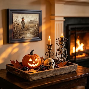 May include: A rectangular wooden tray holds a glowing orange jack-o'-lantern, a realistic human skull, dark grapes, and dried autumn leaves. Beside it stands a metal skeleton candle holder and a framed wall art print of a scarecrow in a field.