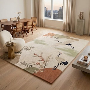 Hand Tufted Wool Rug, Japanese Crane Floral Design, Oriental Living Room Carpet image 2