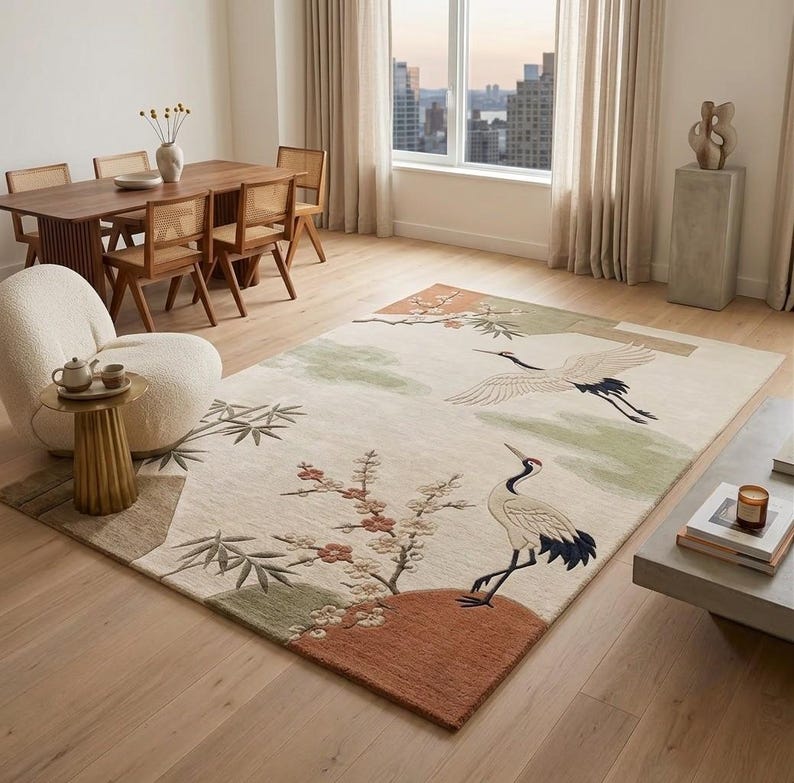 Hand Tufted Wool Rug, Japanese Crane Floral Design, Oriental Living Room Carpet image 2