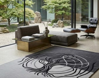 Modern Abstract Tree of Life Rug - Monochromatic Grey & Charcoal Hand-Tufted Designer Area Carpet