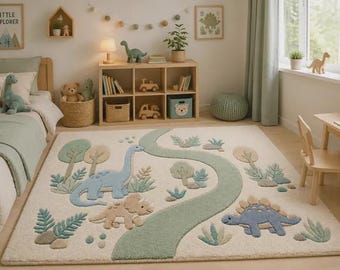 Hand Tufted Wool Dinosaur Rug, Kids Playroom Carpet, Nursery Decor