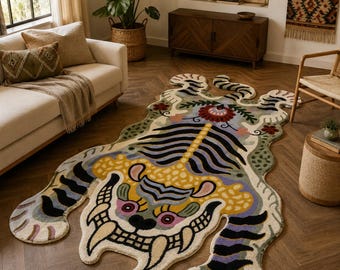 Japanischer Tiger-Teppich, handgefertigter Tierteppich, individueller Wollteppich, einzigartige Wohnzimmerdekoration, Tiger-Bodenteppich